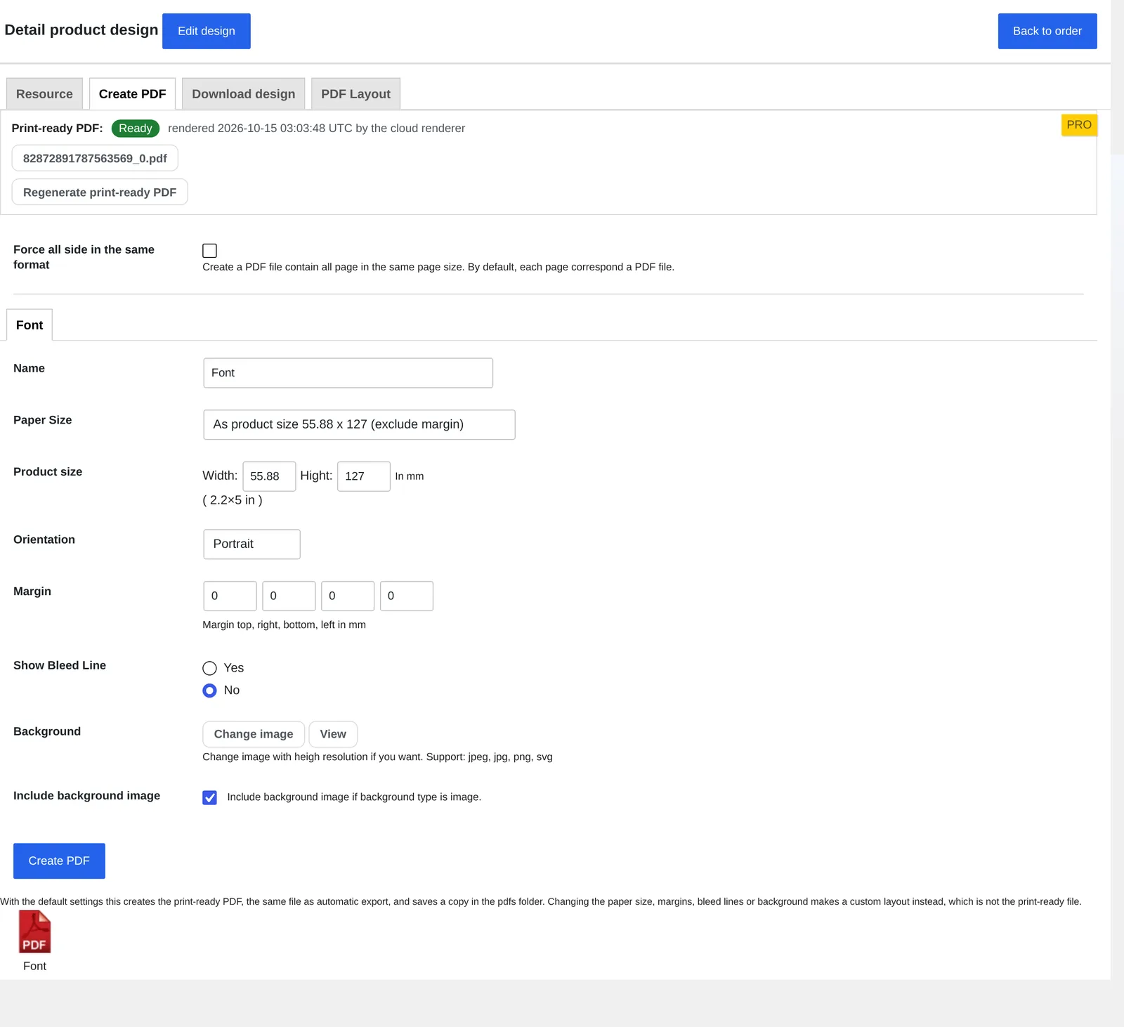 Cmsmart Create PDF screen showing a print-ready PDF rendered by the cloud renderer