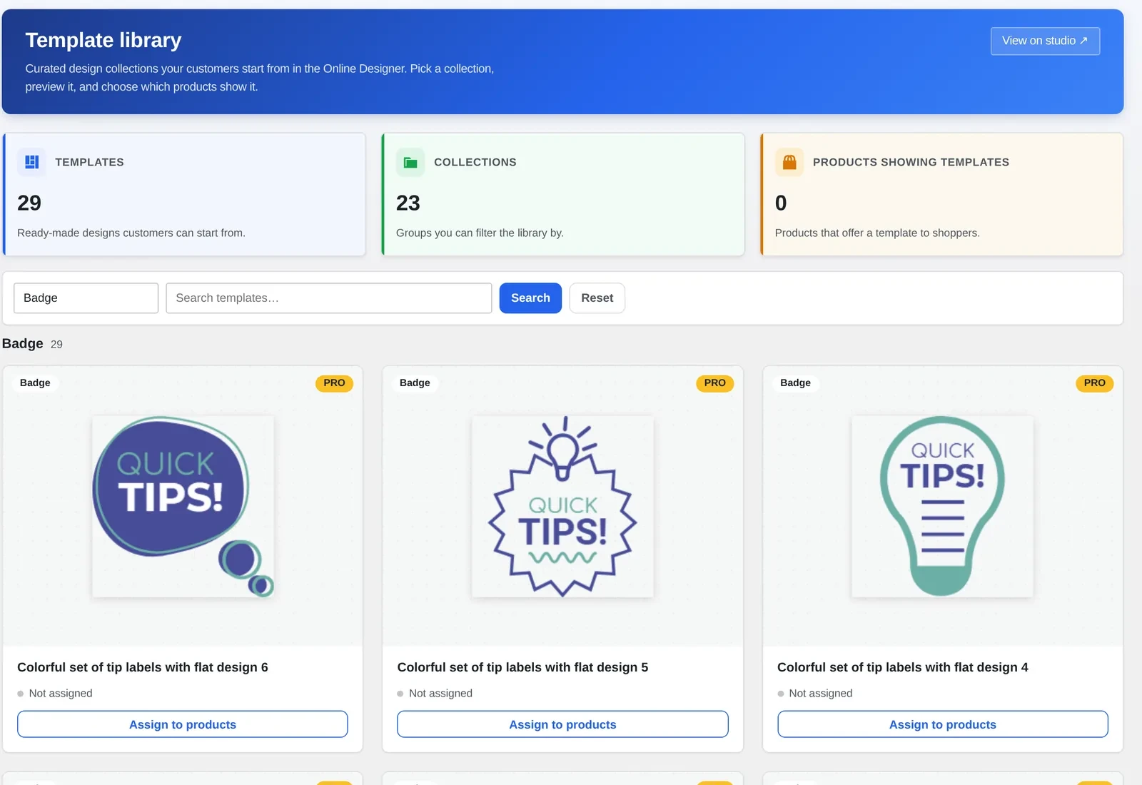 WooCommerce product designer templates setup screen: Cmsmart Media Template library with Templates, Collections and Products showing templates counters and an Assign to products button