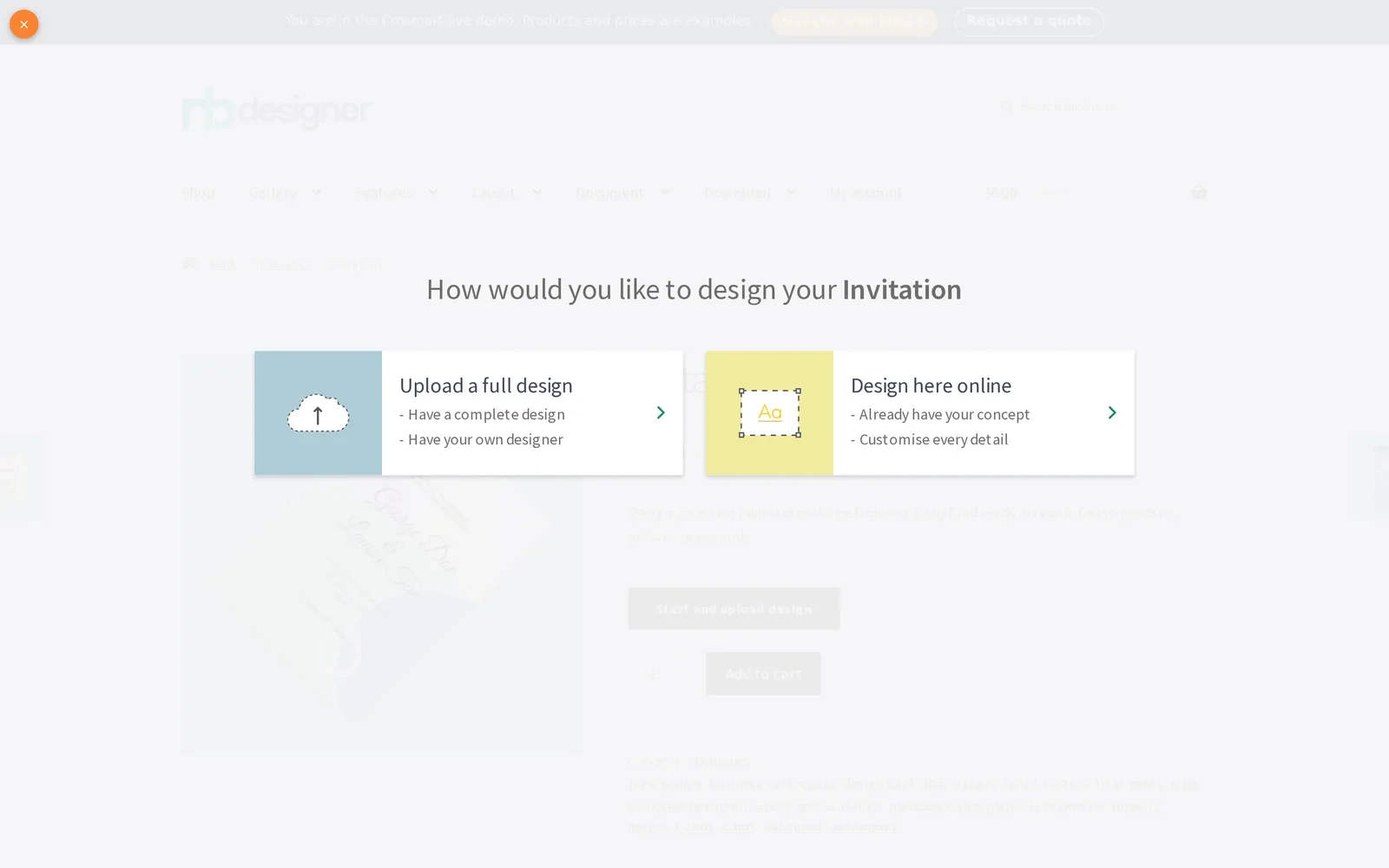 WooCommerce product designer chooser showing upload a full design or design here online entry points