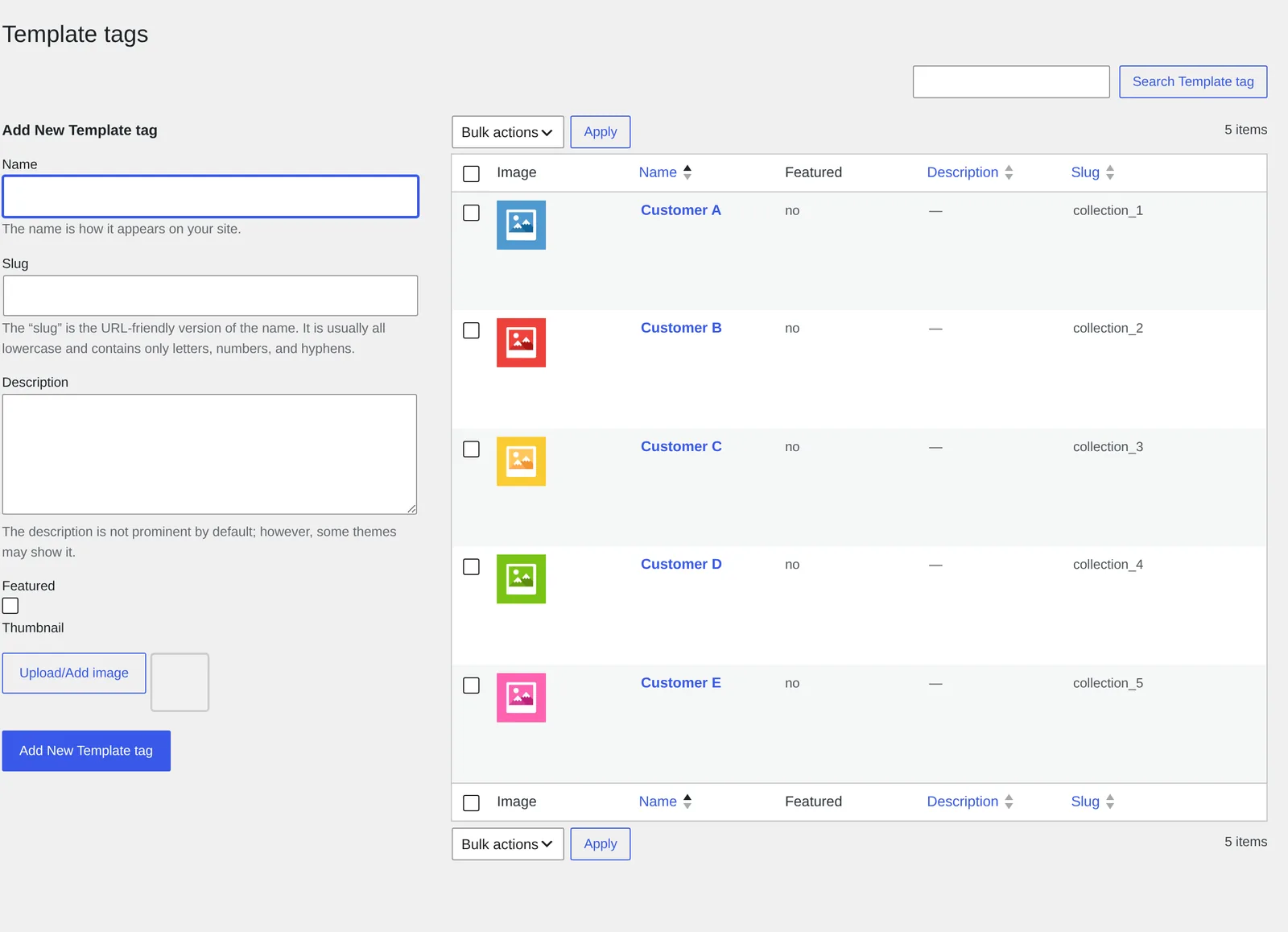 WooCommerce product designer templates setup: Cmsmart Template Tags taxonomy screen with Name, Slug, Description, Featured and Thumbnail fields