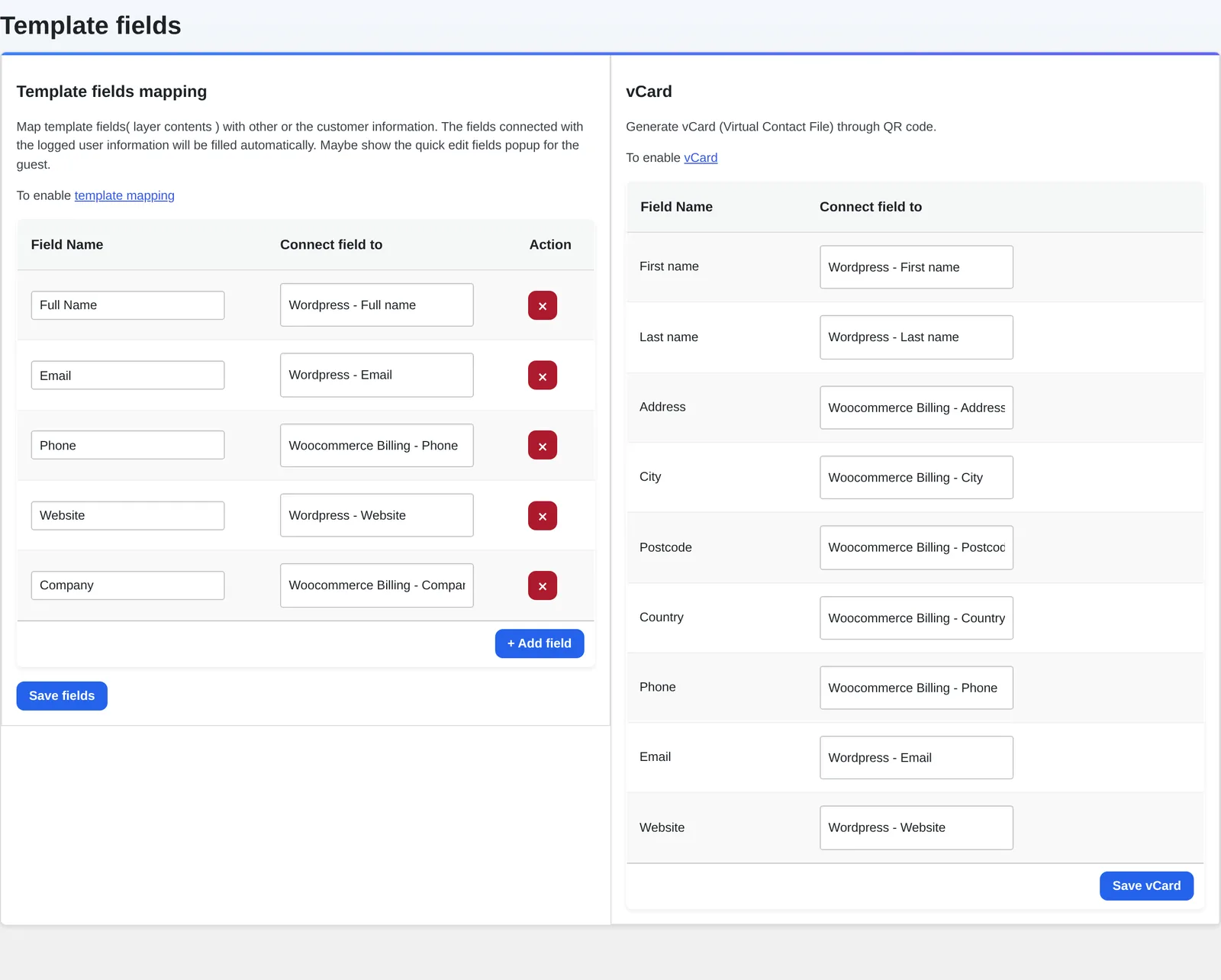 WooCommerce product designer templates setup: Cmsmart Template Fields mapping screen connecting Full Name, Email, Phone, Website and Company to WordPress and WooCommerce data, plus a vCard field map