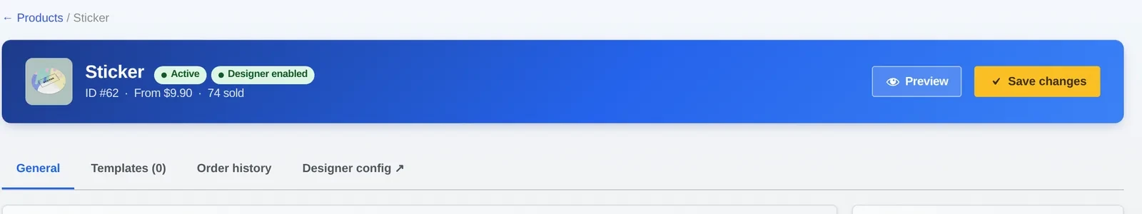 WooCommerce product edit screen with a Templates tab next to General, Order history and Designer config