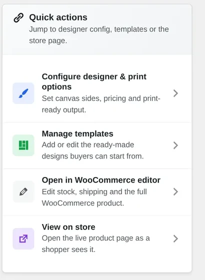 Quick actions panel with a Manage templates action to add or edit ready-made designs buyers can start from