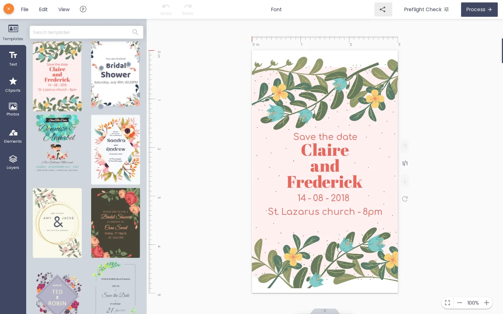 WooCommerce Product Designer templates gallery open inside the online designer with a wedding invitation template loaded on canvas