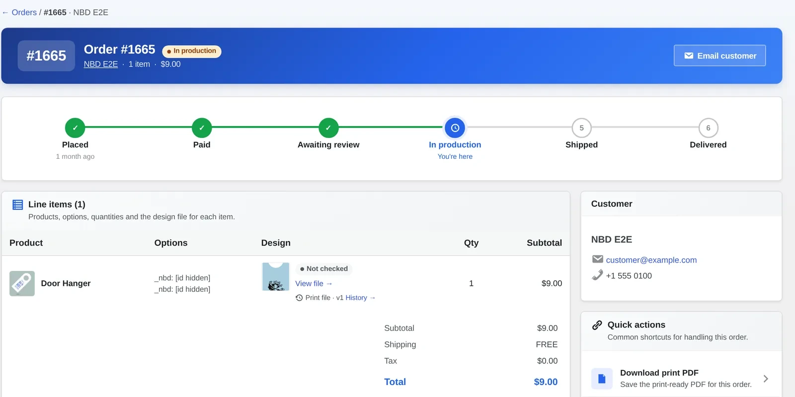 Order detail screen with a production timeline from Placed to Delivered