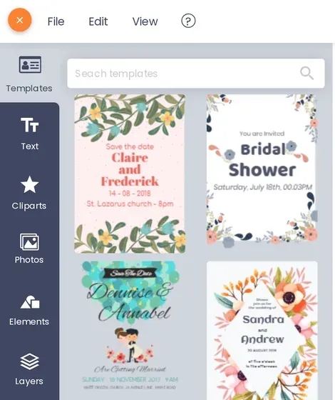 Cmsmart Online Designer sidebar with Templates open, showing the Cliparts tool listed next to Templates, Text, Photos, Elements and Layers