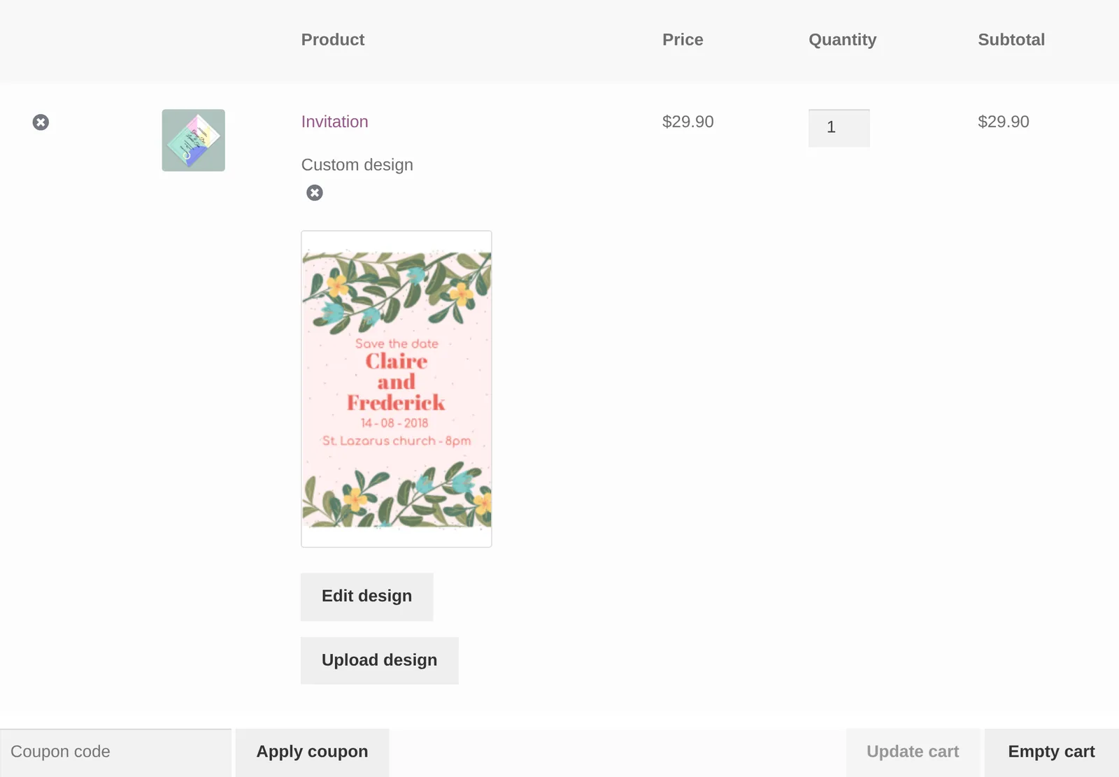 WooCommerce cart line item showing the custom invitation design preview with an edit design link