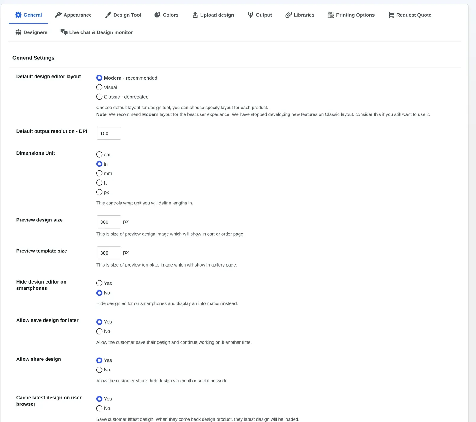 Cmsmart General settings tab with default design editor layout and output DPI