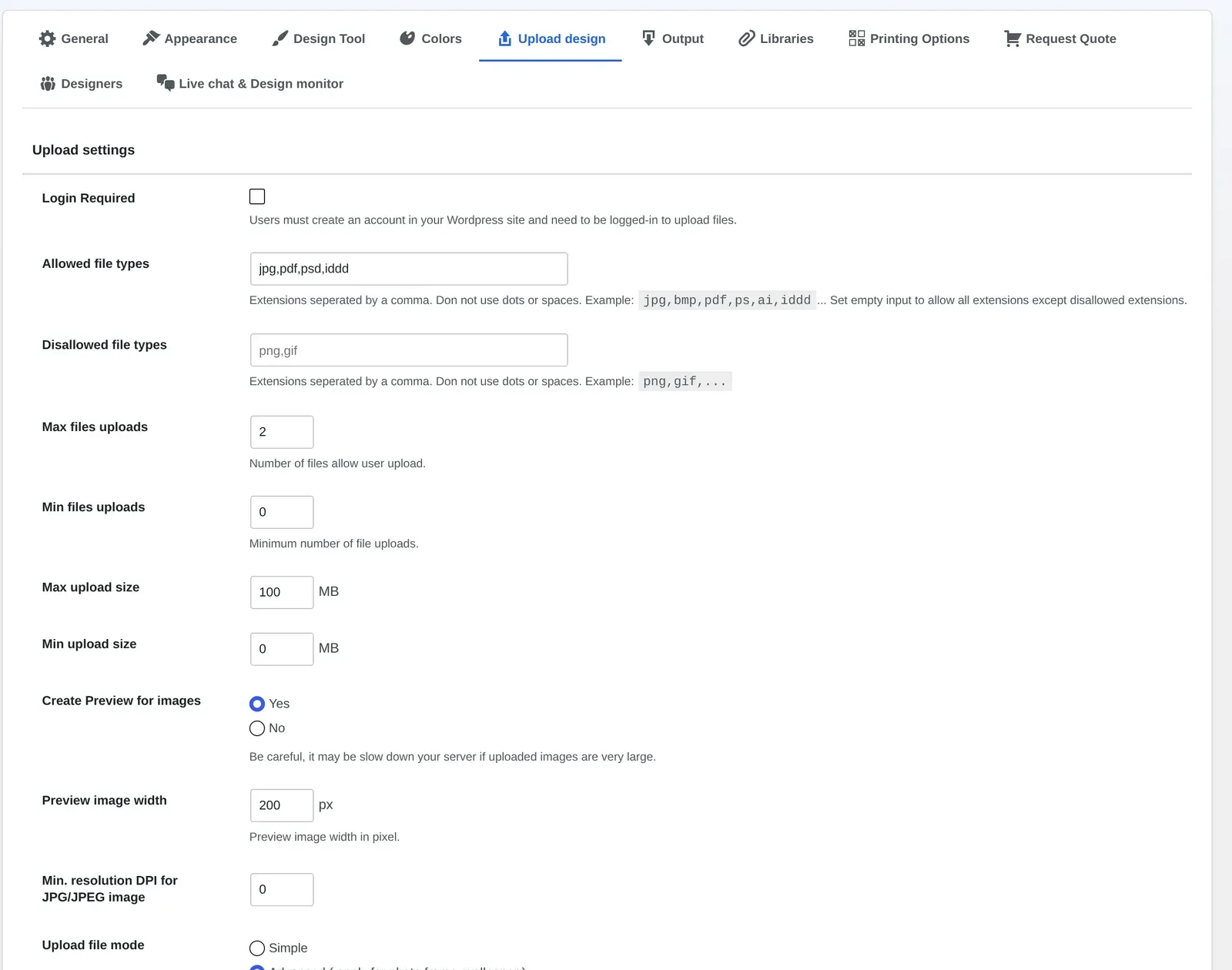 Cmsmart Upload design settings with allowed file types, upload size and minimum DPI