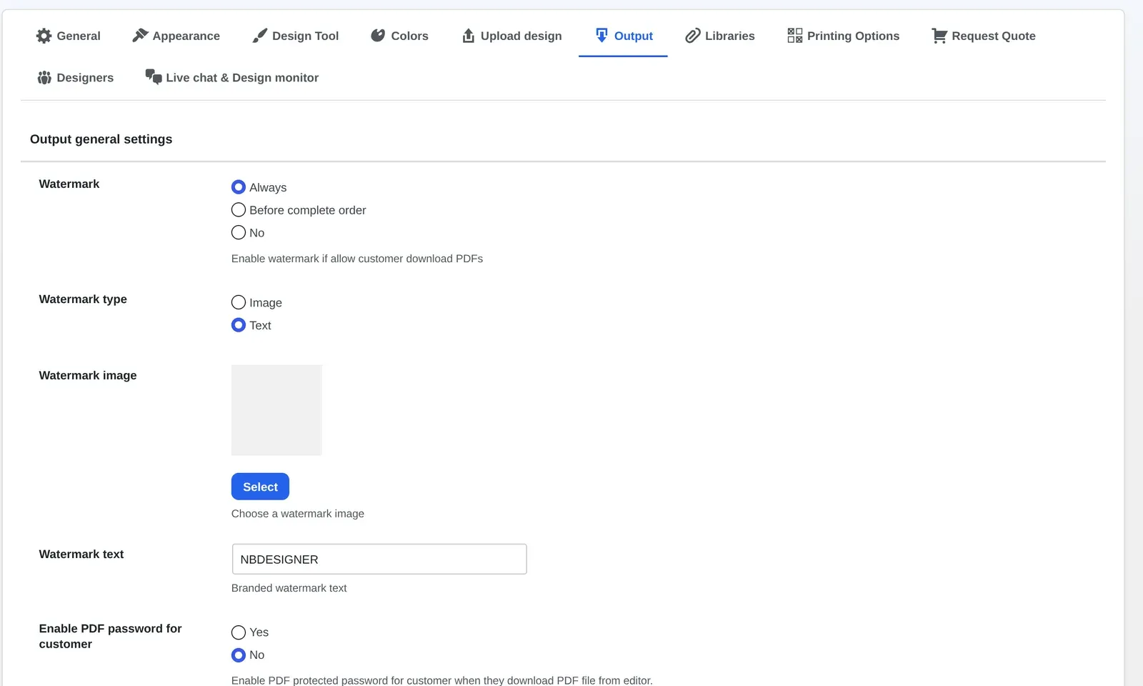 Cmsmart Output settings with watermark, PDF password and bleed options