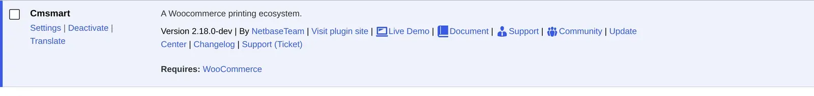 Set up WooCommerce Product Designer Plugin: WordPress Plugins screen showing the active Cmsmart row, its build version and the WooCommerce requirement
