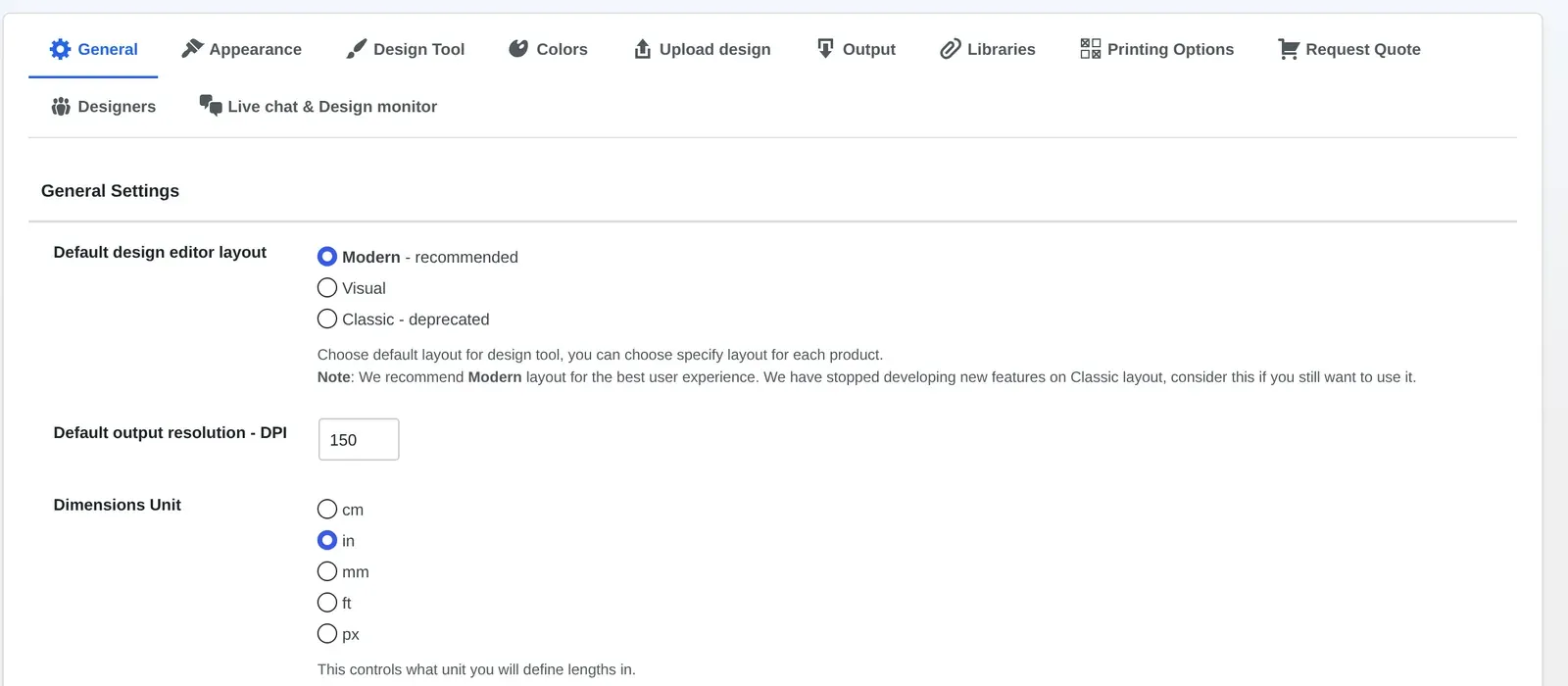 Cmsmart Product Designer General settings tab: default design editor layout, output DPI and the Dimensions Unit choice