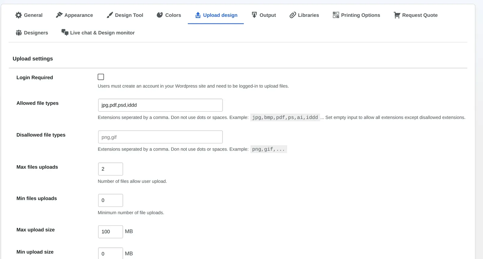 Cmsmart Product Designer Upload design settings: allowed file types, max upload size and file-count limits