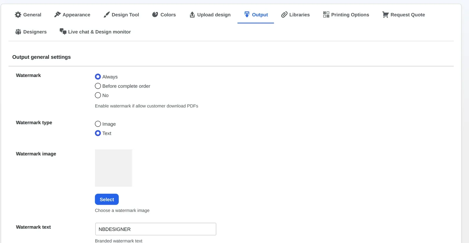 Cmsmart Product Designer Output settings: watermark always on, watermark type and watermark text for downloaded designs