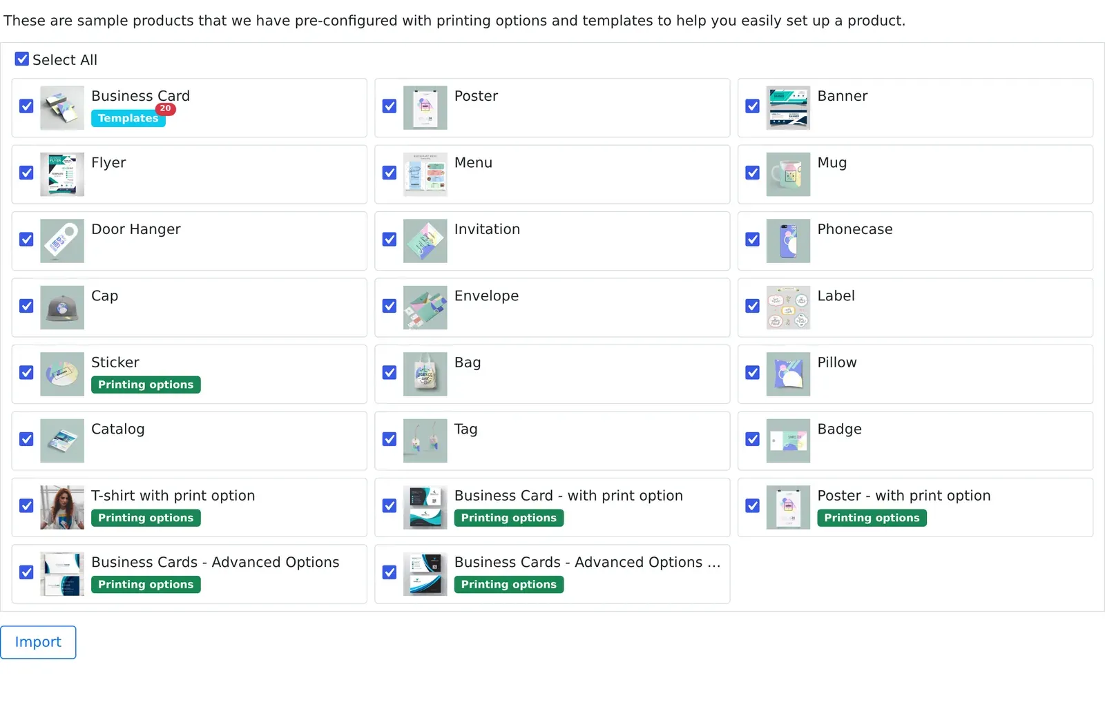 Cmsmart Product Designer sample data import screen with pre-configured demo products ready to import