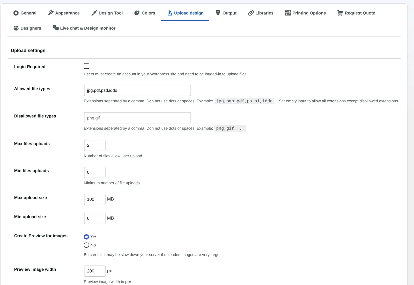 Upload design settings showing allowed file types, max upload size and minimum resolution DPI
