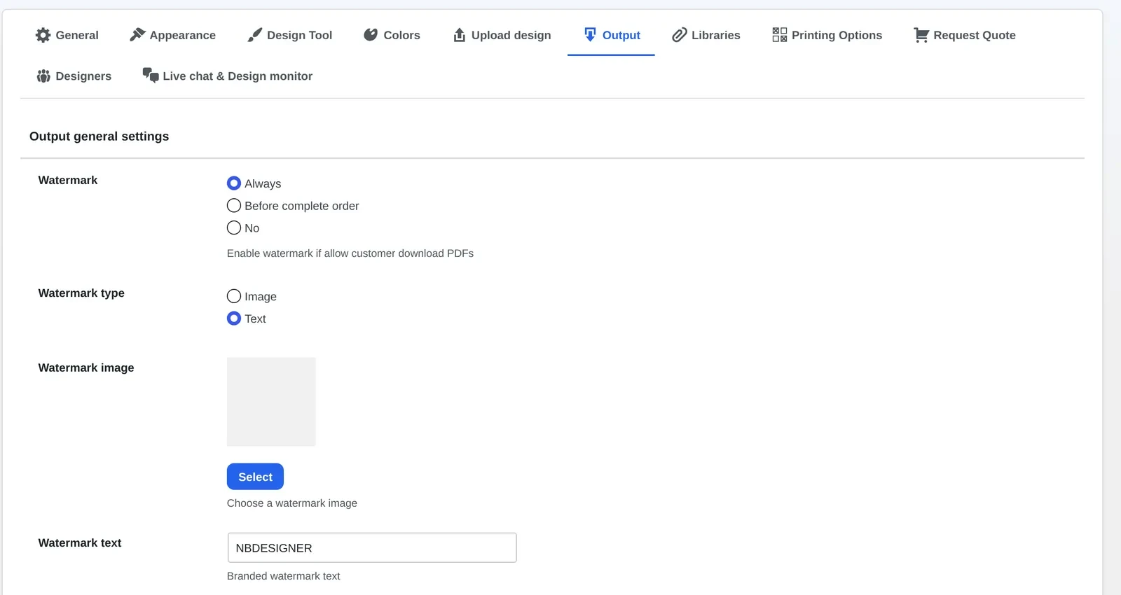 Output settings tab showing watermark type and branded watermark text for exported designs