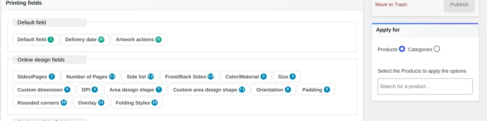 Printing Options editor showing the Color/Material field under Online design fields