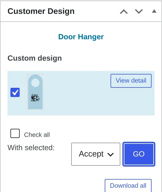 Cmsmart Customer Design box on a WooCommerce order showing Accept, Download all and View detail controls