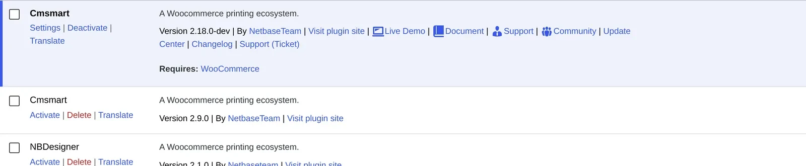 WordPress Plugins screen showing the Cmsmart Product Designer row with its own Translate link