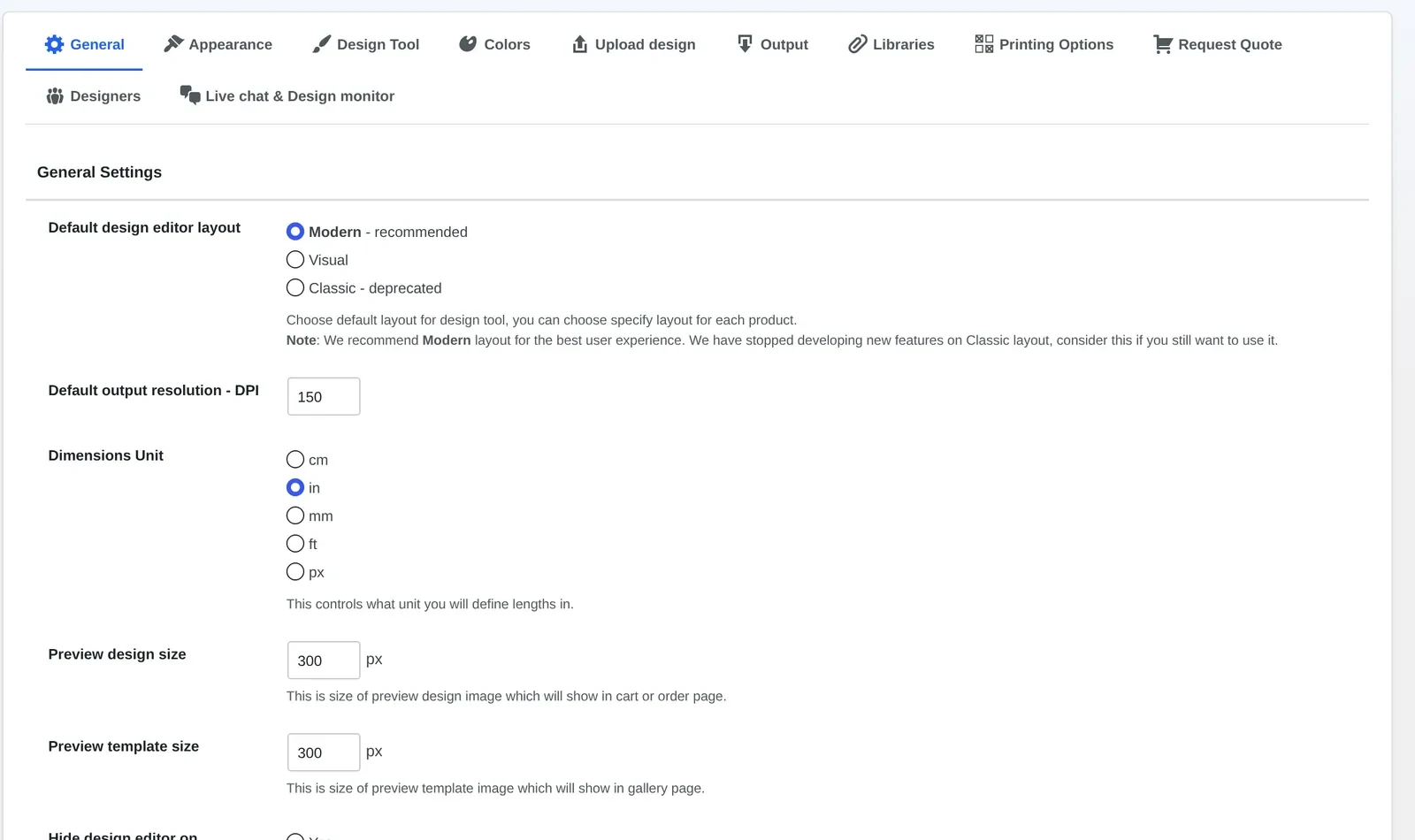 Cmsmart Product Designer General settings tab with layout, DPI and dimension unit options that apply to every storefront language