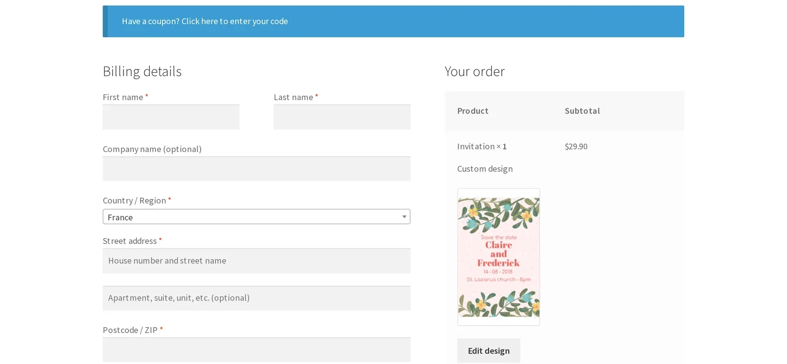 WooCommerce checkout billing details with a Country/Region field, part of testing a translated storefront