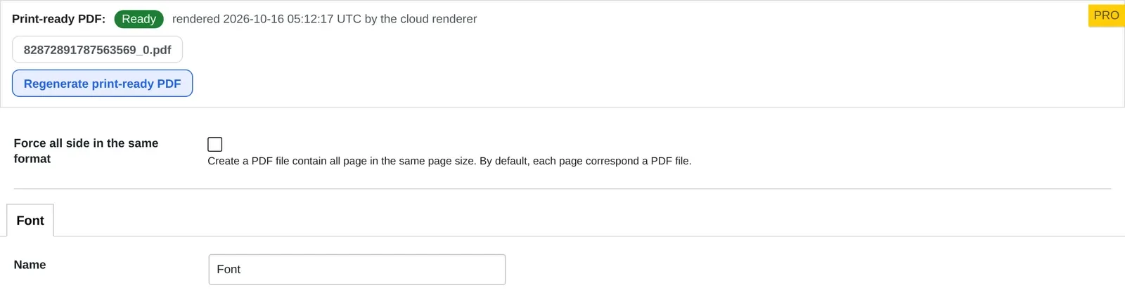 Print-ready PDF status marked Ready, rendered by the cloud renderer