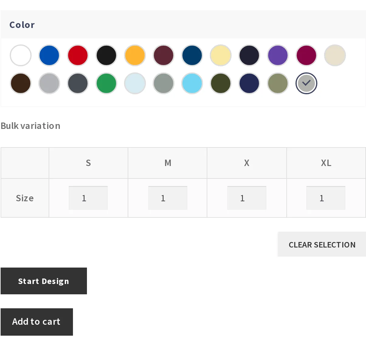 How to design a product online: WooCommerce product page with a Start Design button next to Add to cart, below the color and size options