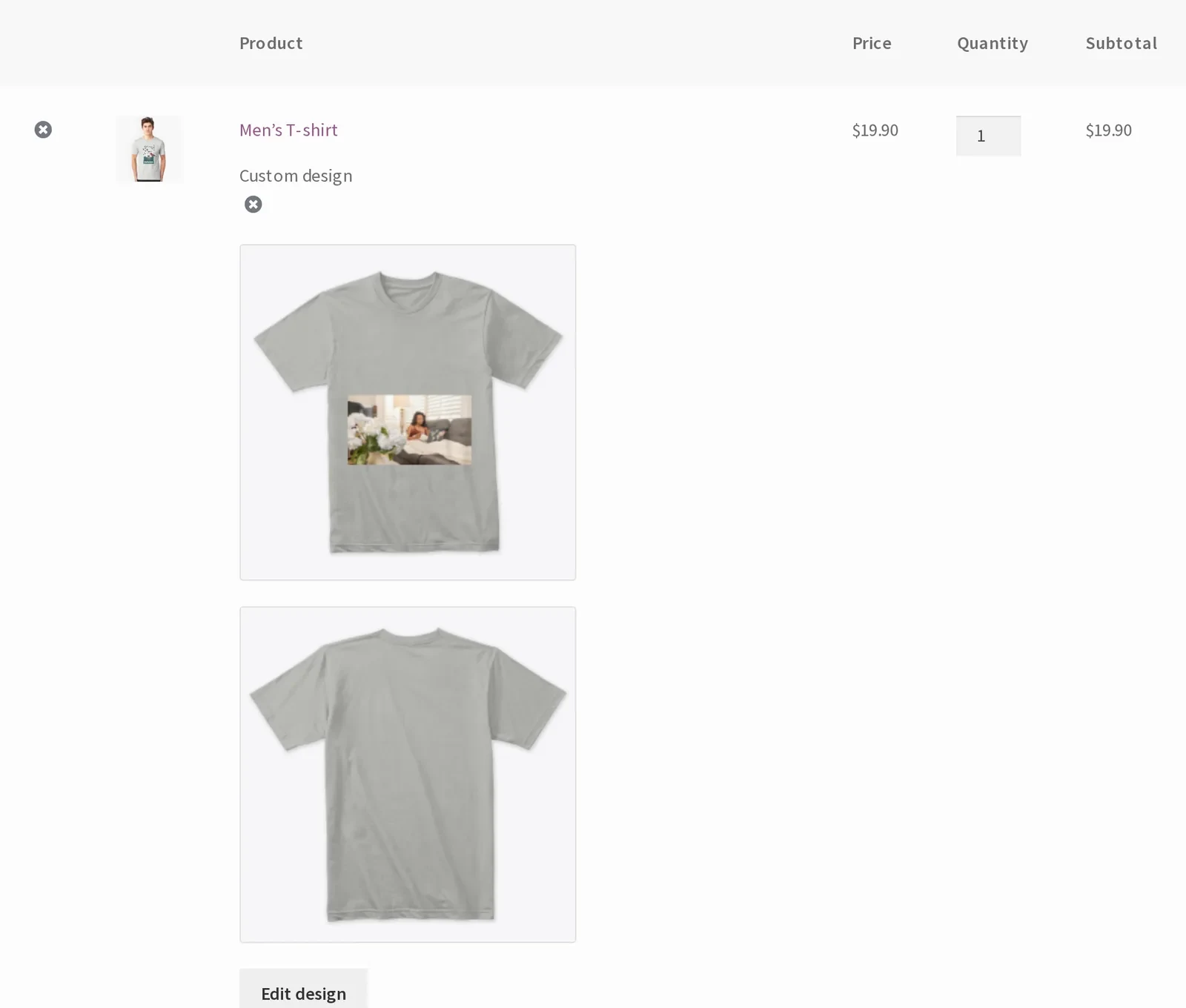 WooCommerce cart line item showing the customer's custom t-shirt design preview with an Edit design link