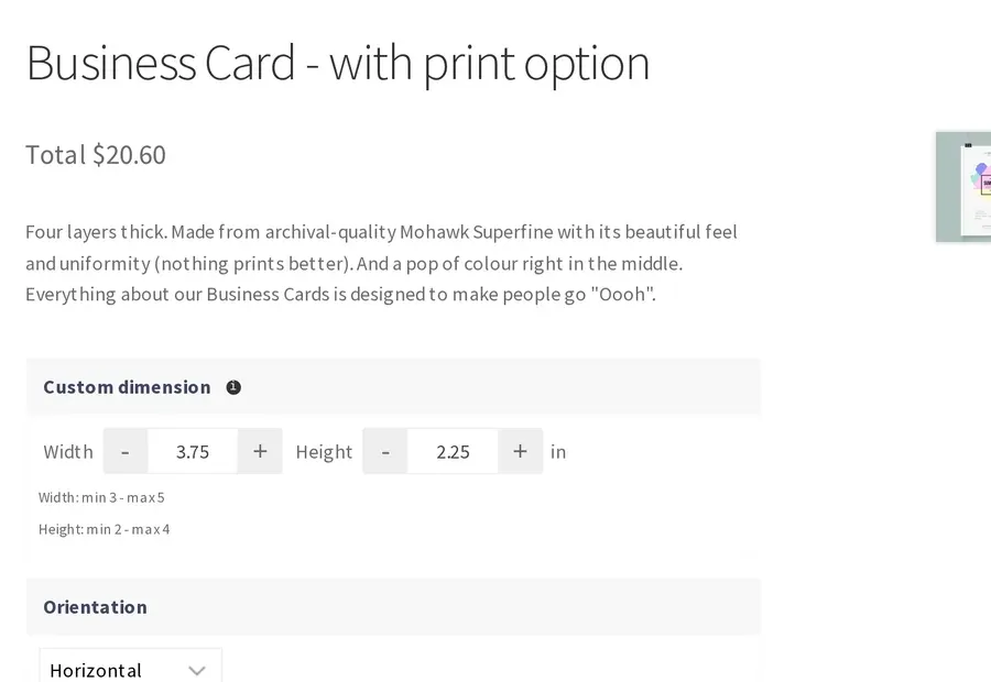 Business card product page with a custom dimension field in inches and an orientation selector, set per product