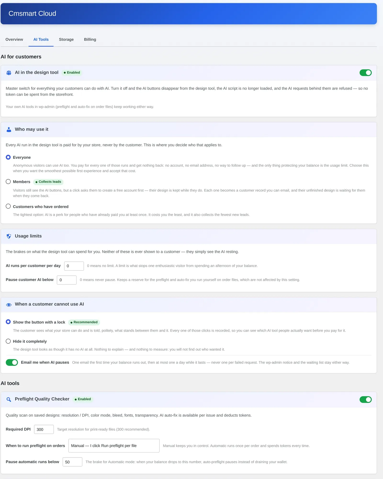 Cmsmart Cloud AI Tools settings showing AI preflight, usage limits and who may use AI