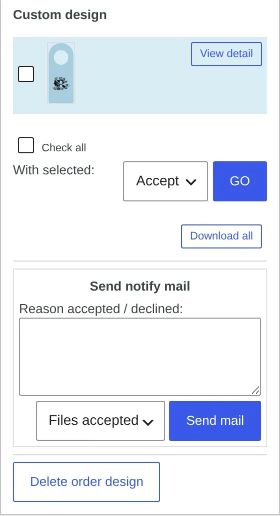 Cmsmart Customer Design approval box with Accept, decline and notify-buyer controls