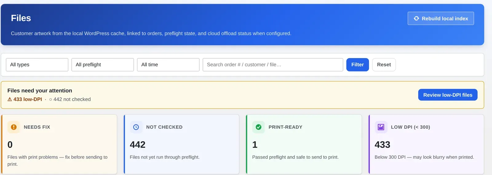 Cmsmart Product Designer Files dashboard header with Not checked, Print-ready and Low DPI counts across every order