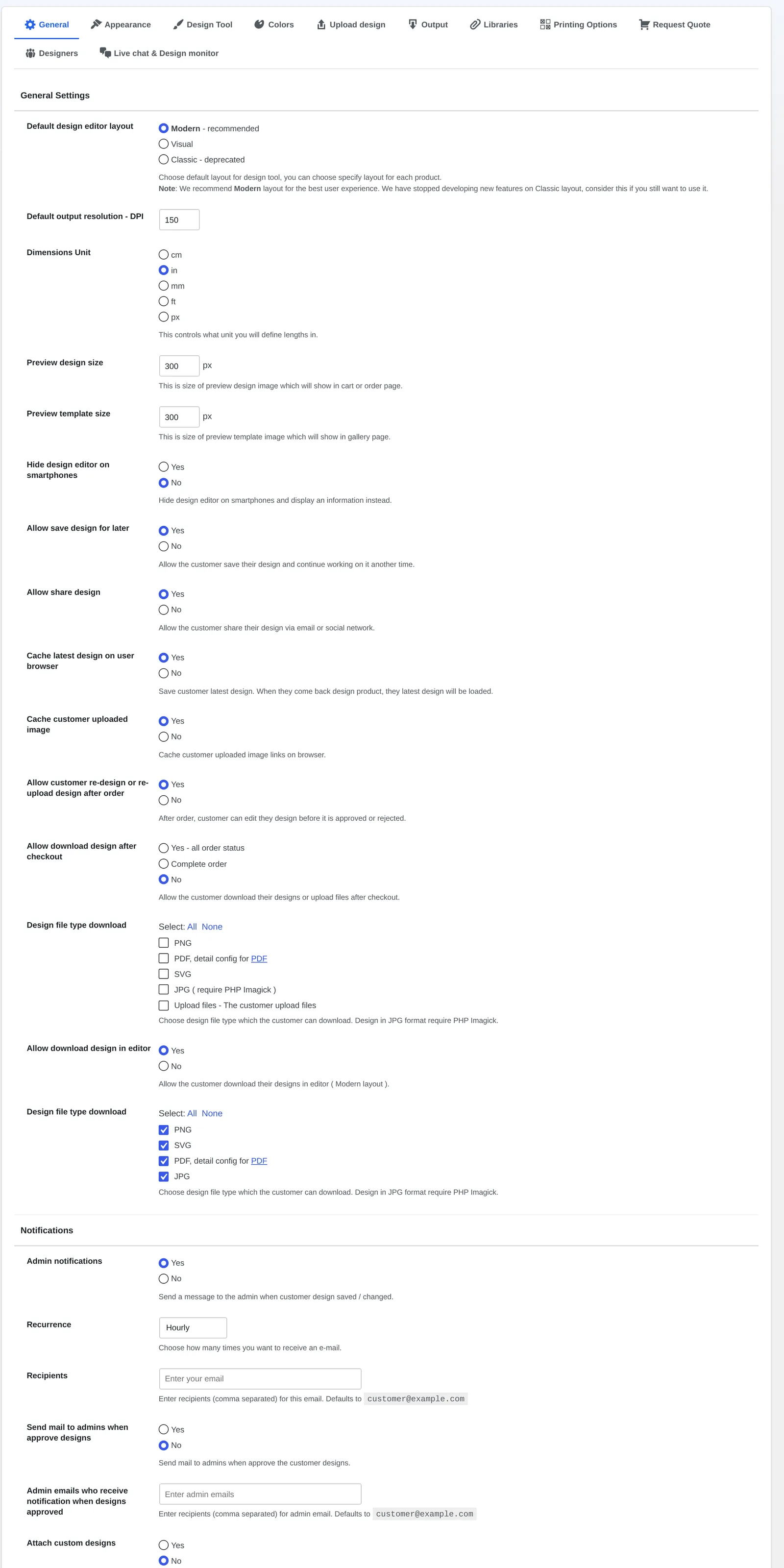 NBDesigner General Settings tab with default design editor layout, output DPI and preview size options
