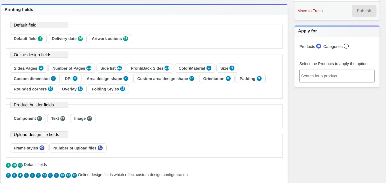 Printing Options editor showing the Printing fields picker: Size, Custom dimension, DPI and other field types available for a matrix axis