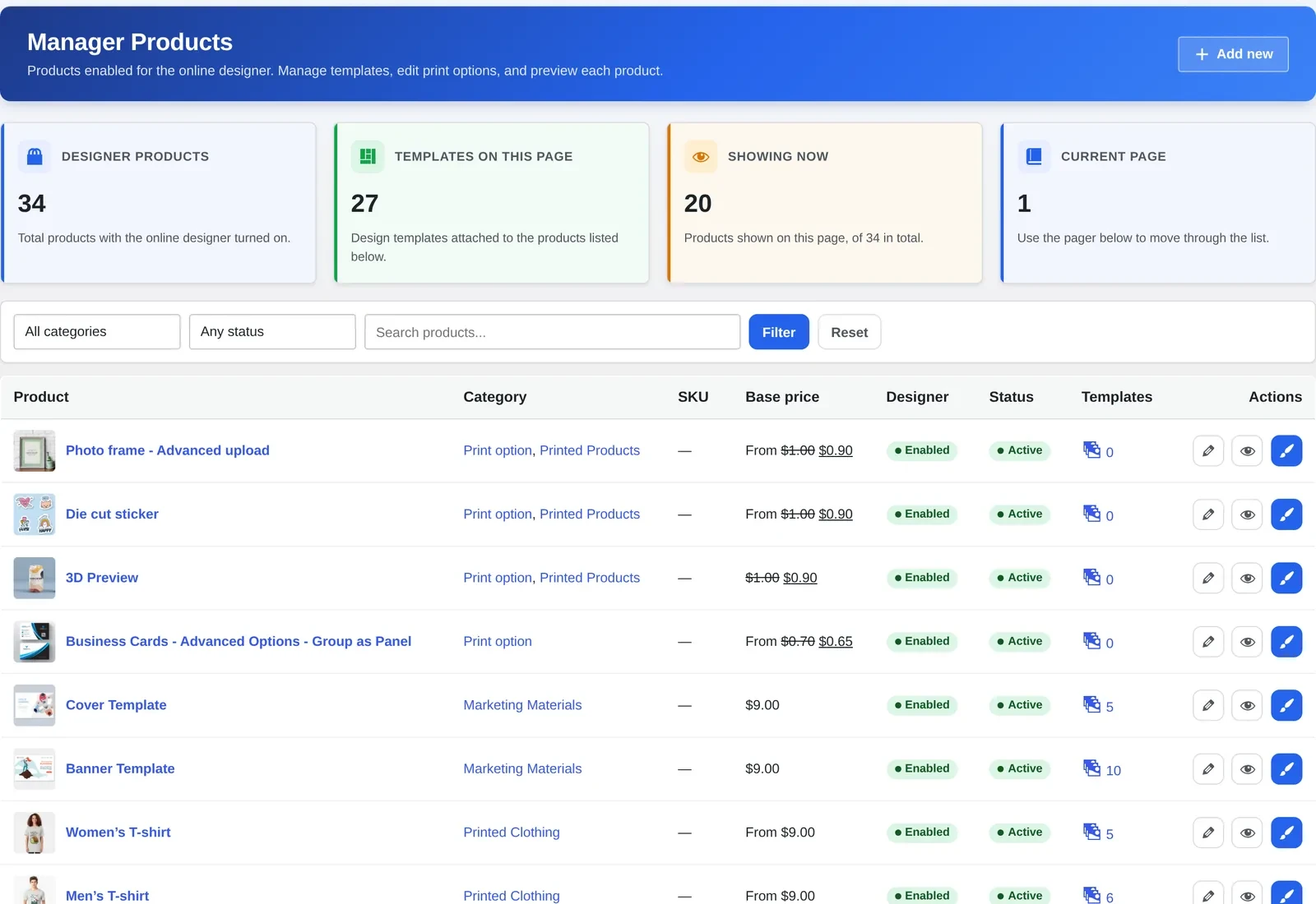 Cmsmart Manager Products screen listing design-enabled products with their base price and designer status