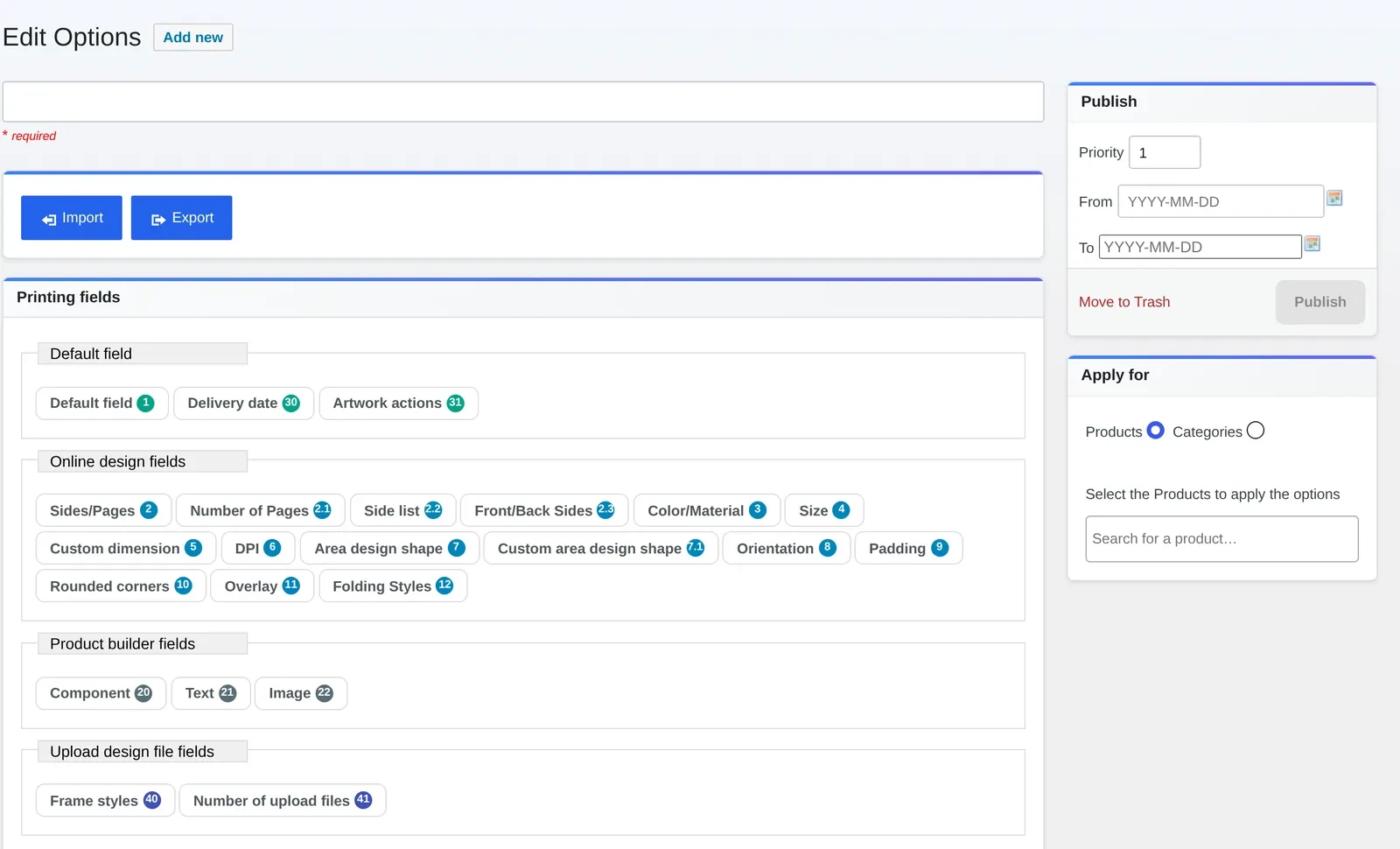 Printing Options editor showing the Printing fields picker: Size, Custom dimension, DPI and other field types available for a matrix axis