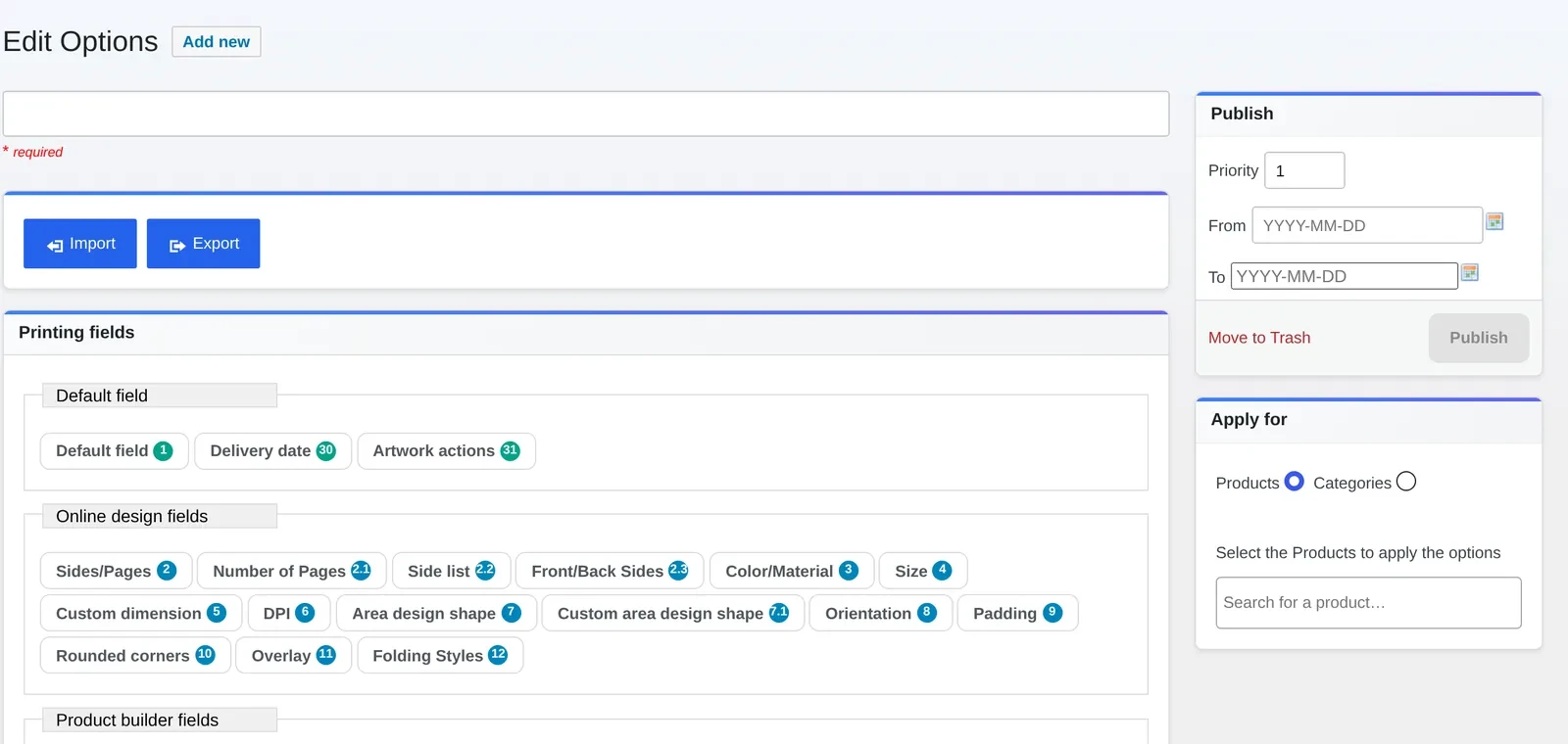 Admin screen for configuring product size options for WooCommerce: the Size field next to the separate Custom dimension field