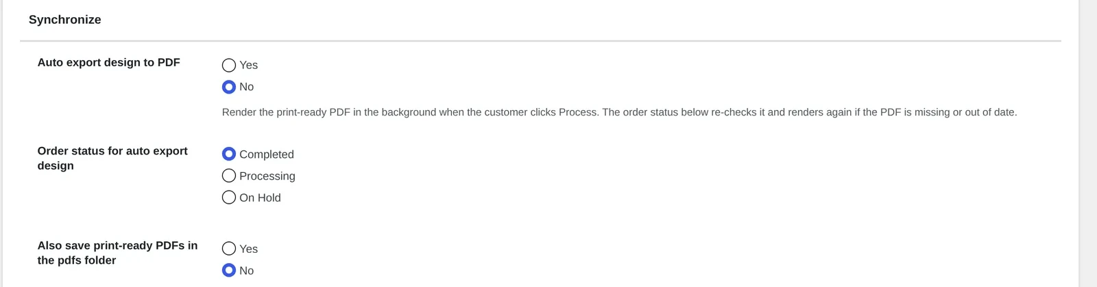 WooCommerce Cmsmart Output settings showing Auto export design to PDF and order status options