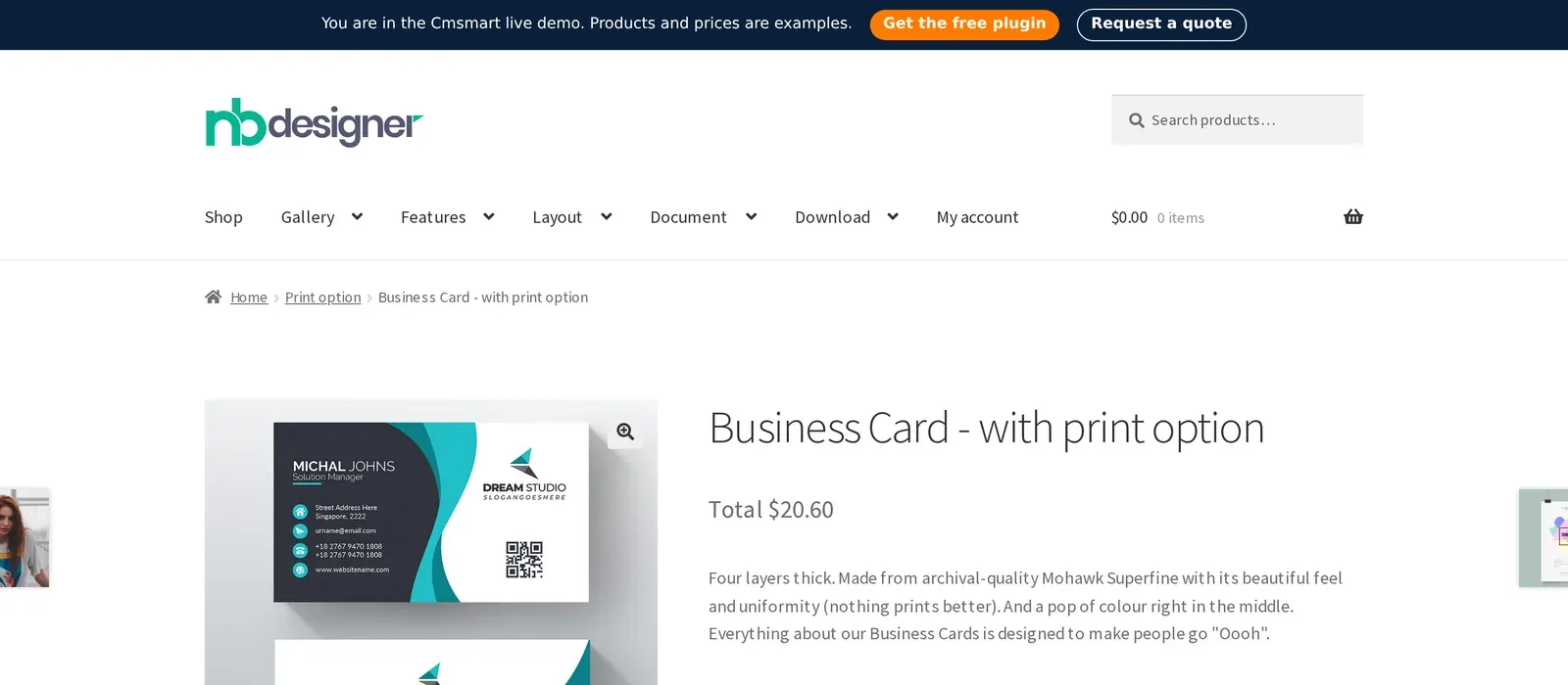 WooCommerce product page for a business card product in the Cmsmart NBDesigner live demo, with front and back card artwork in the gallery and a Start and upload design button