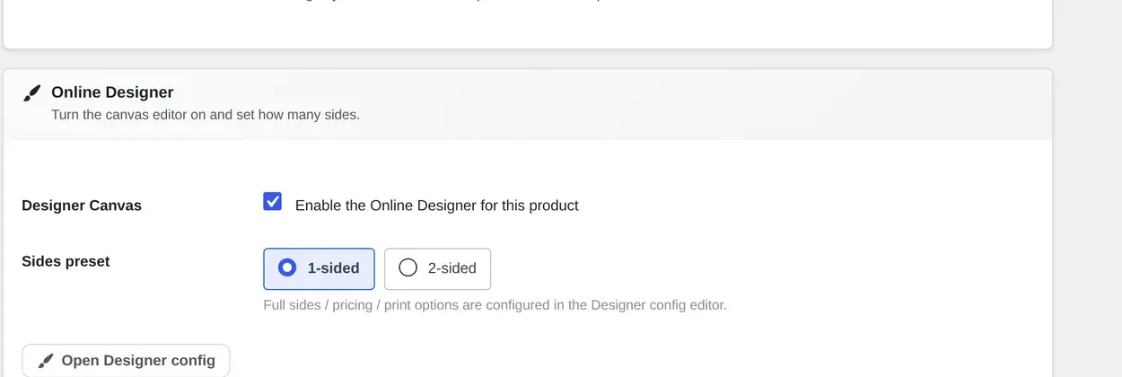 Sides preset toggle in Cmsmart's multi-sided product designer for WooCommerce, set to 1-sided or 2-sided