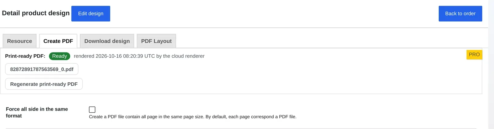 Create PDF screen in Cmsmart NBDesigner with the Force all side in the same format option for a two-sided order