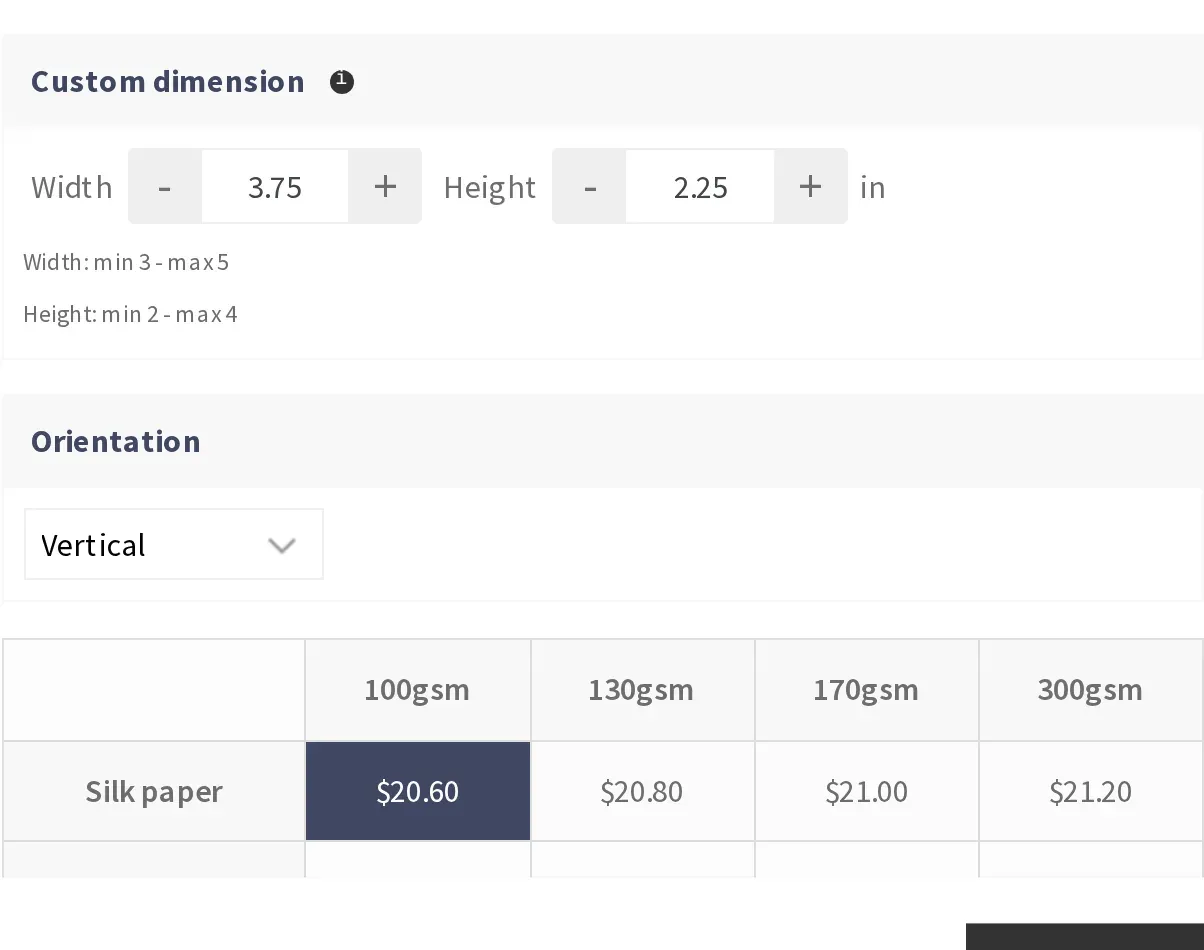 Storefront custom dimension width and height fields above a material and weight price matrix table