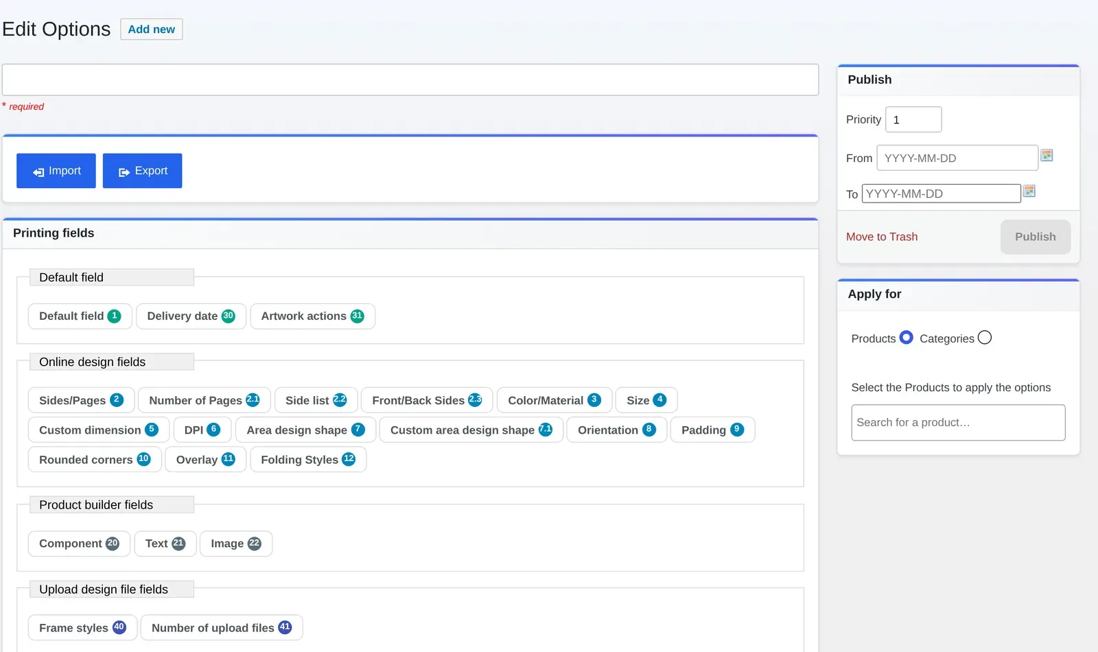 Cmsmart Printing Options editor field palette with the Custom dimension field among the online design fields