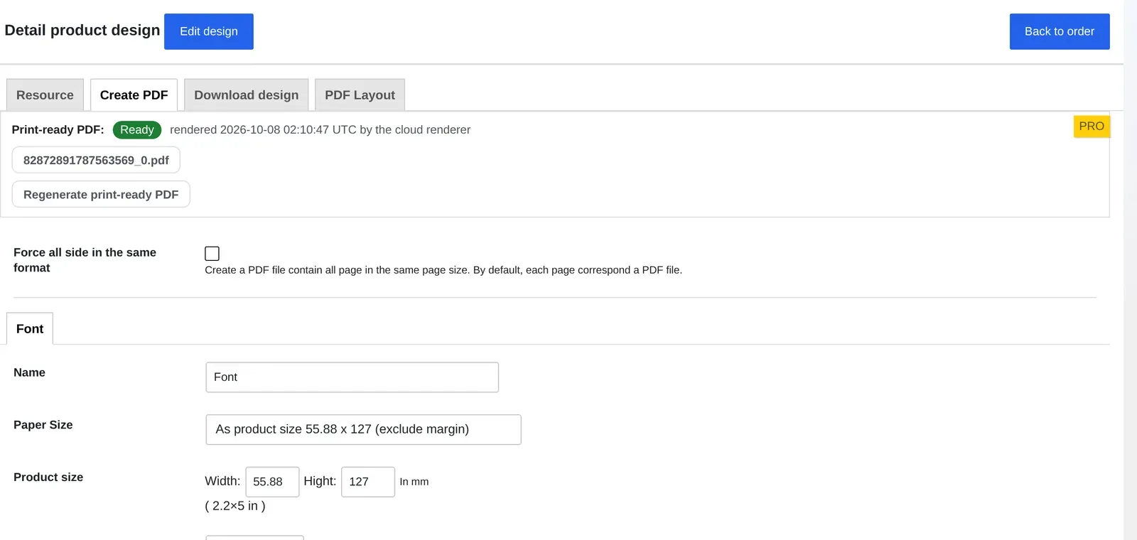 Order screen Create PDF tab showing product size read as 55.88 by 127 millimeters, matching the buyer's custom dimension