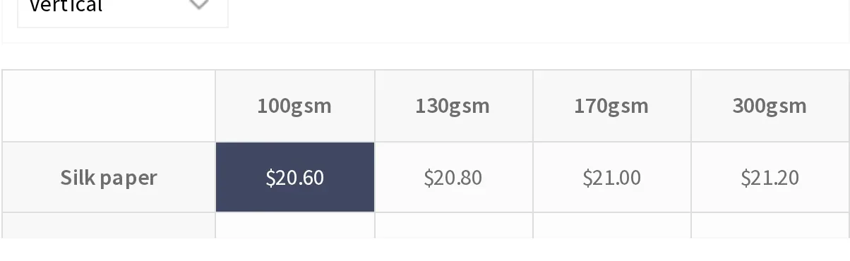 Live price matrix grid showing paper and weight combinations for a bulk order pricing plugin for WooCommerce