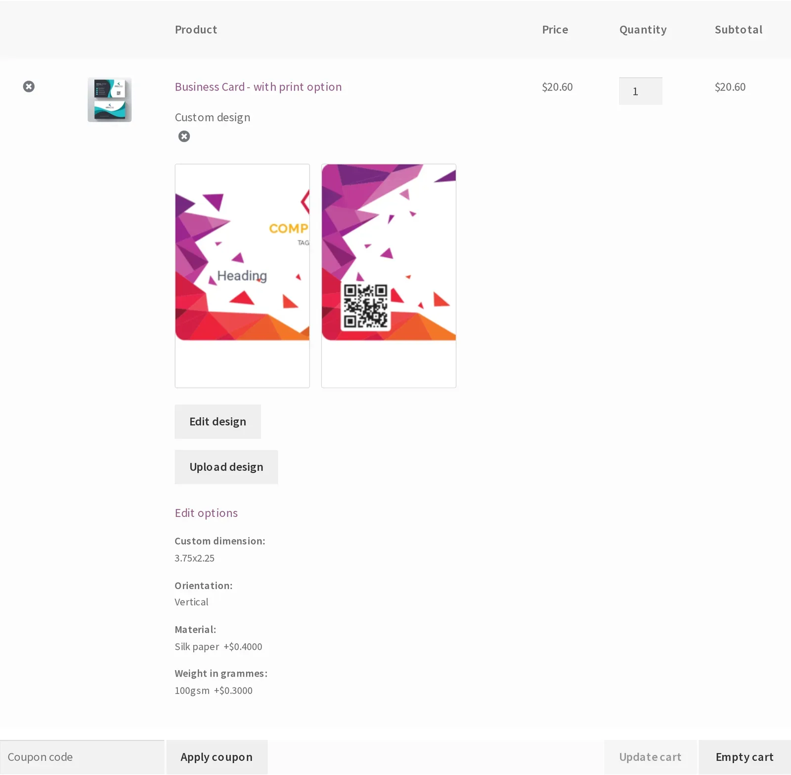 WooCommerce cart line item with the configured print options and design preview