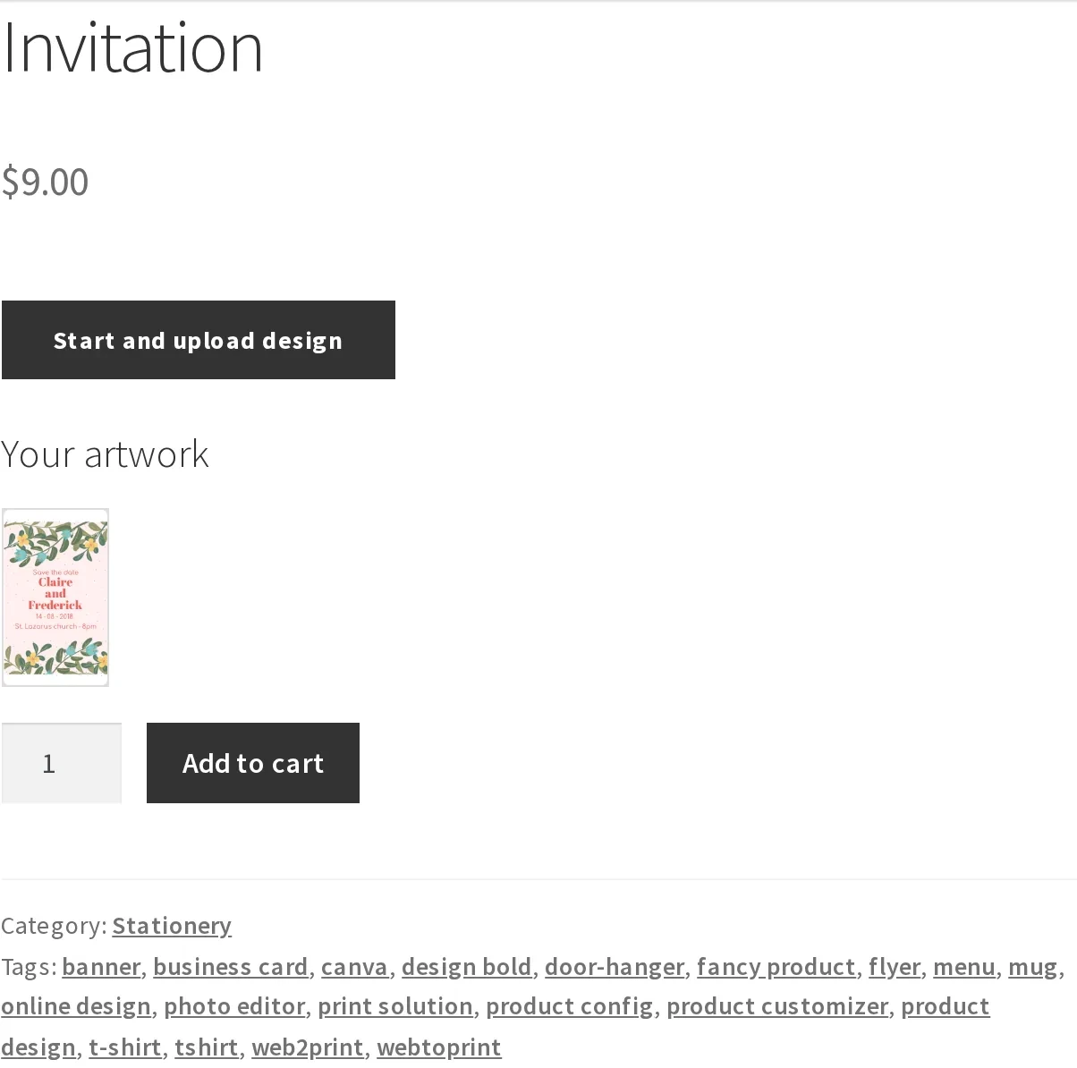 Product page showing 'Your artwork' thumbnail confirming the design stayed inside the configured design area