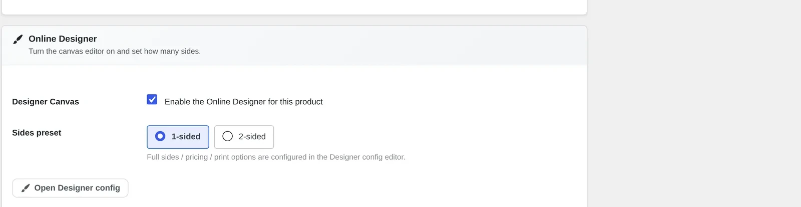 NBDesigner admin screen to configure a design area for WooCommerce products: Designer Canvas toggle and Sides preset