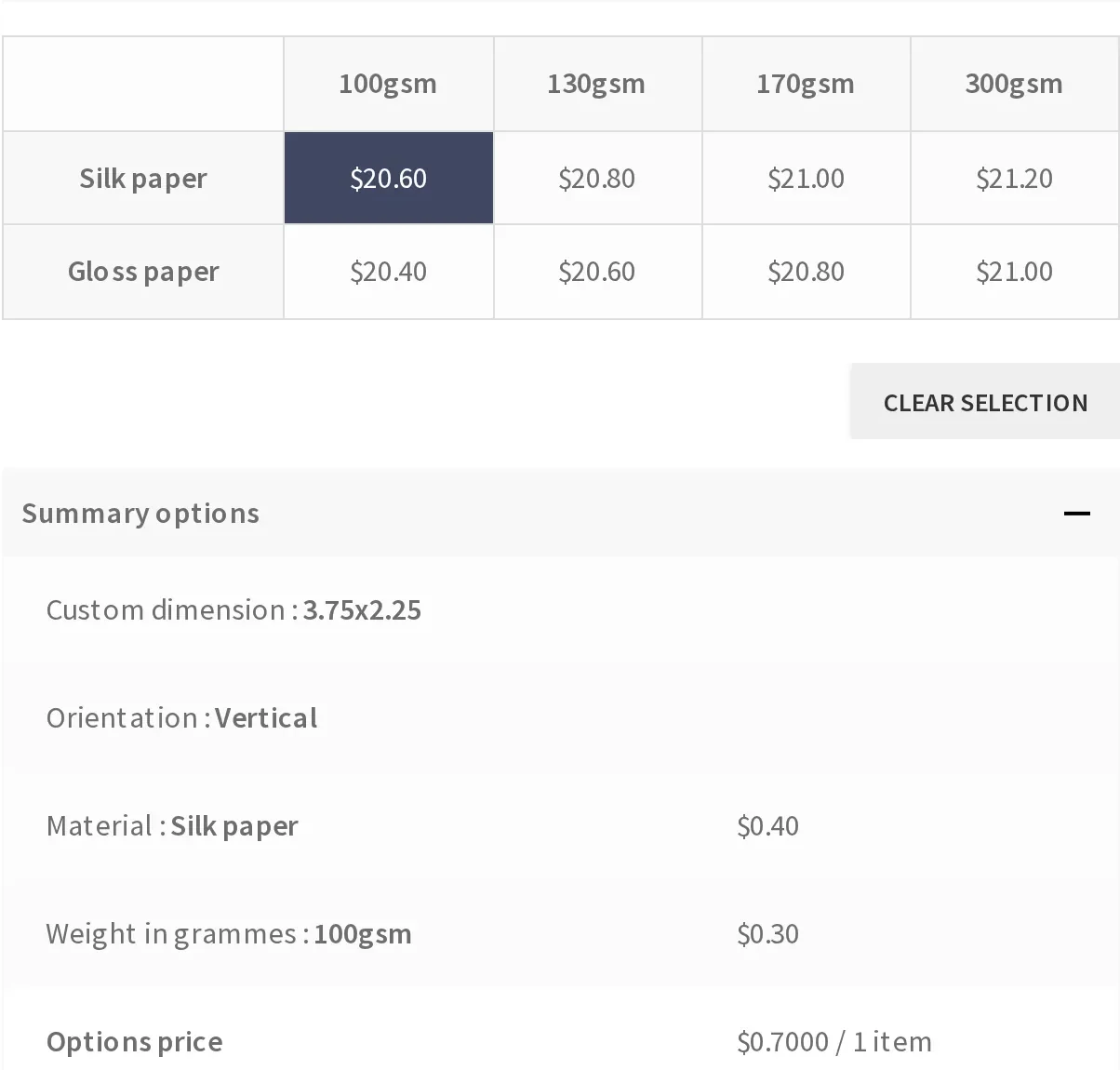 Price matrix table for paper weight and finish with a live price summary